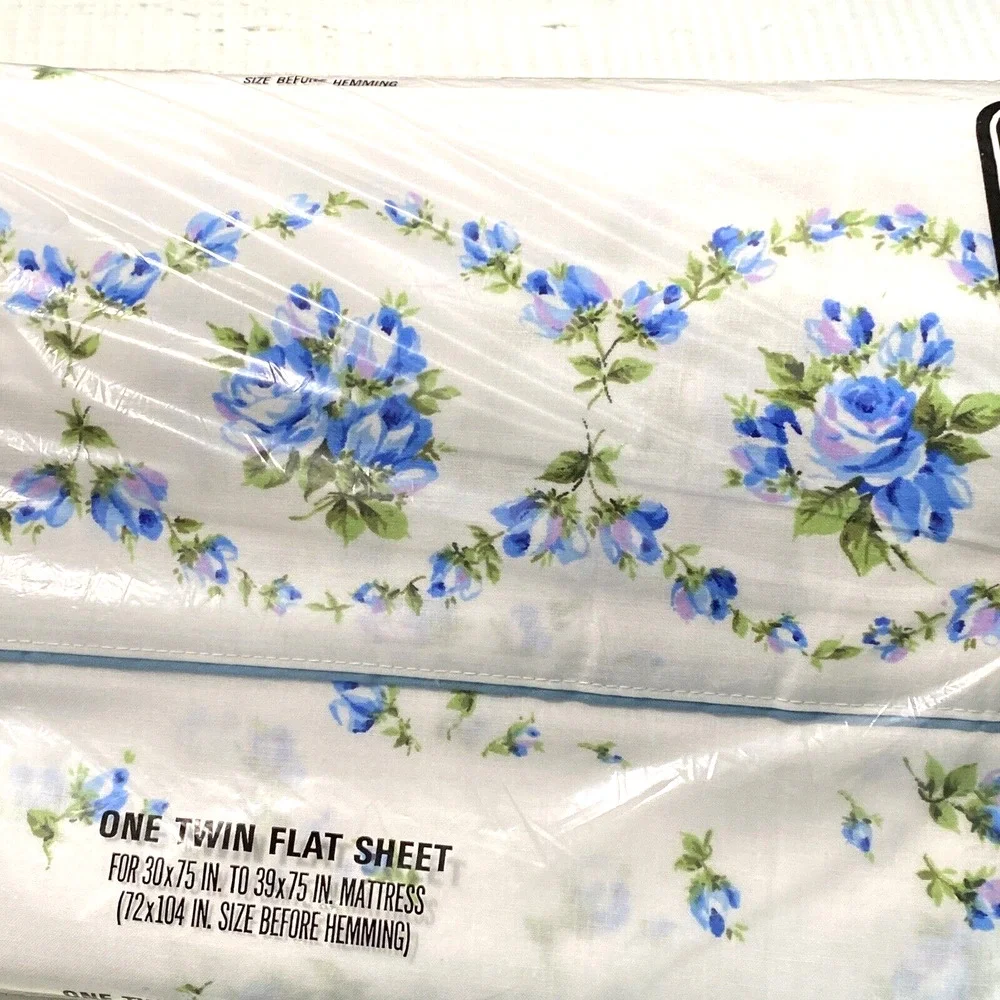 Vintage 1970s NOS  Twin Flat Sheet Fruit Of The Loom Muslin Blue Rose Flower